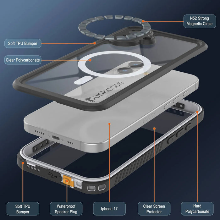 iPhone 17 wasserdichte Hülle, PunkCase [Extrem Mag -Serie] Rüstungsabdeckung mit integriertem Bildschirmschutz [Weiß]