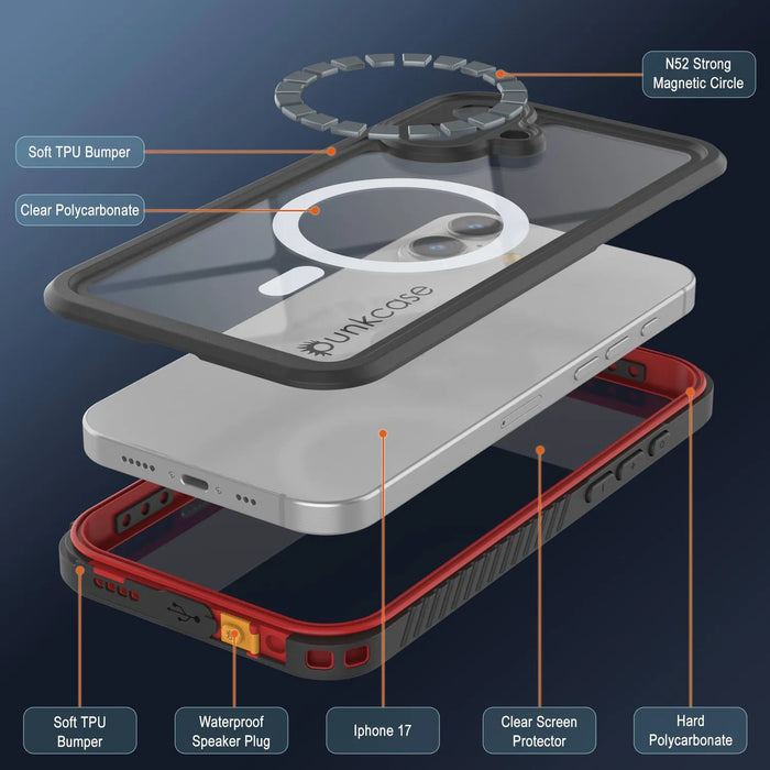 iPhone 17 wasserdichte Hülle, Punkcase [Extrem Mag -Serie] Rüstungsabdeckung mit integriertem Bildschirmschutz [Rot]