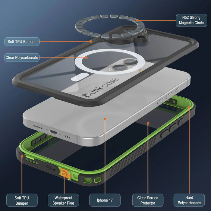 iPhone 17 wasserdichte Hülle, Punkcase [Extrem Mag -Serie] Rüstungsabdeckung mit integriertem Bildschirmschutz [Grün]