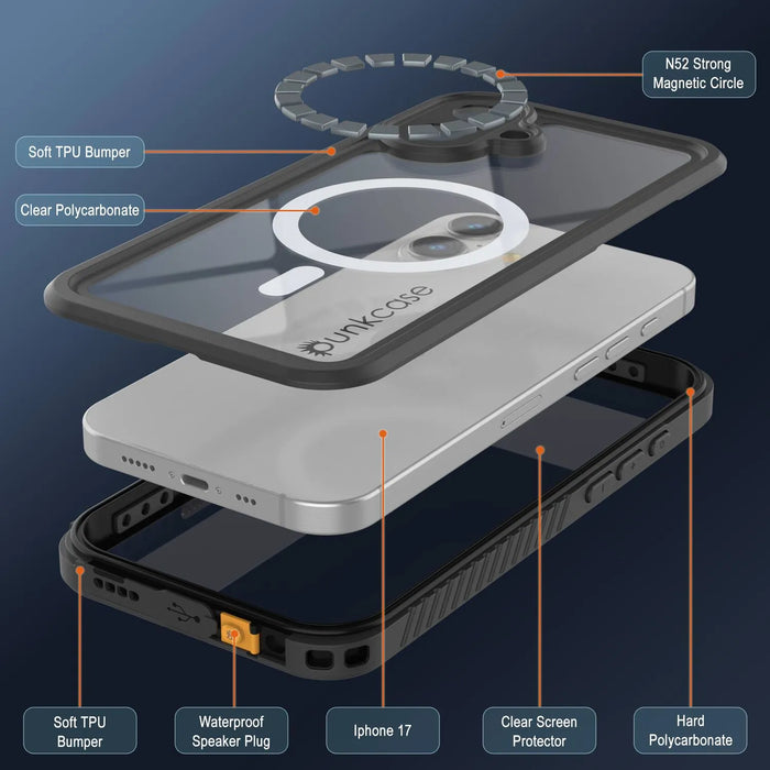 iPhone 17 wasserdichte Hülle, Punkcase [Extrem Mag -Serie] Rüstungsabdeckung mit integriertem Bildschirmschutz [Schwarz]
