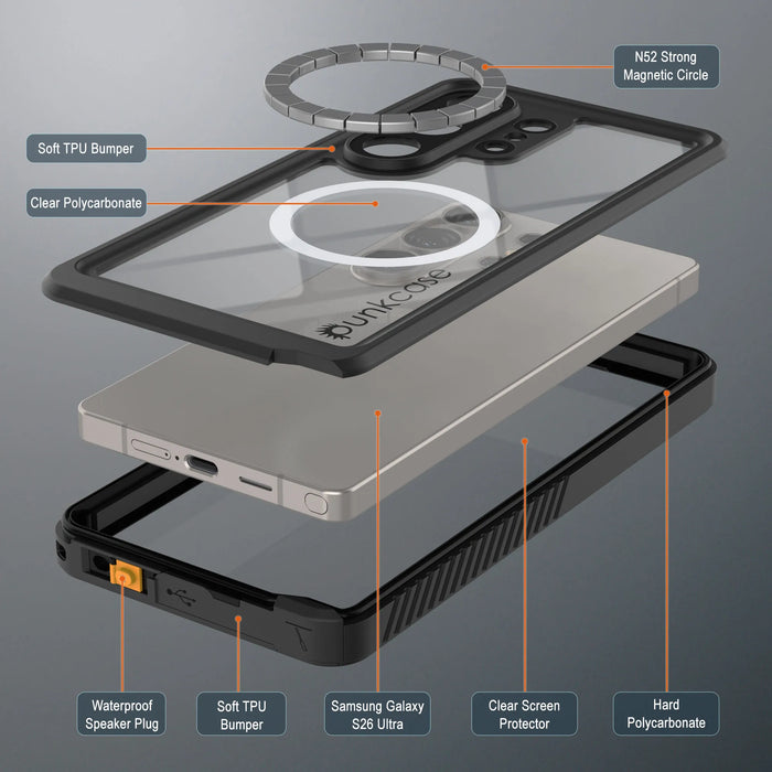 Wasserdichte Schutzhülle für Galaxy S26 Ultra, Punkcase [Extreme Mag-Serie], Panzerabdeckung mit integriertem Displayschutz [Schwarz]