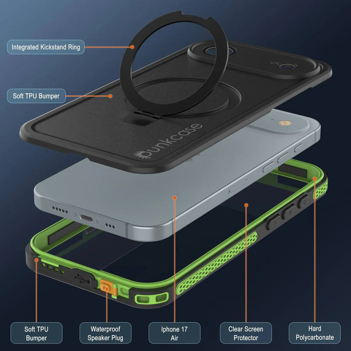Wasserdichte iPhone 17 Air-Hülle [Kickstud 2.0-Serie] IP68-Schutzhülle mit Displayschutzfolie und Ständer [Grün]