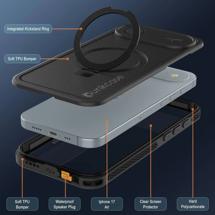 Wasserdichte iPhone 17 Air-Hülle [Kickstud 2.0-Serie] IP68-Schutzhülle mit Displayschutzfolie und Ständer [Schwarz]