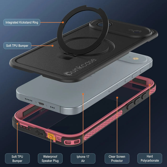 Wasserdichte iPhone 17 Air-Hülle [Kickstud 2.0-Serie] IP68-Schutzhülle mit Displayschutzfolie und Ständer [Pink]