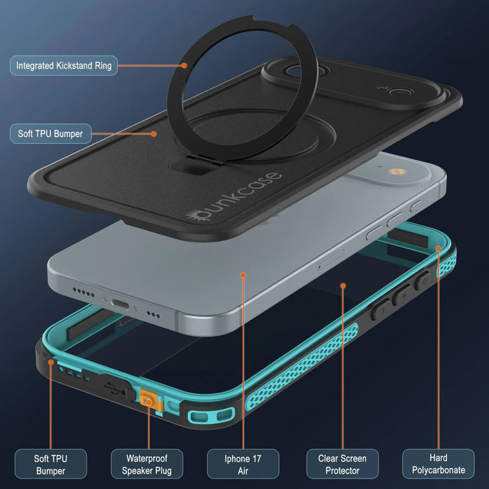 Wasserdichte iPhone 17 Air-Hülle [Kickstud 2.0-Serie] IP68-Schutzhülle mit Displayschutzfolie und Ständer [Blaugrün]