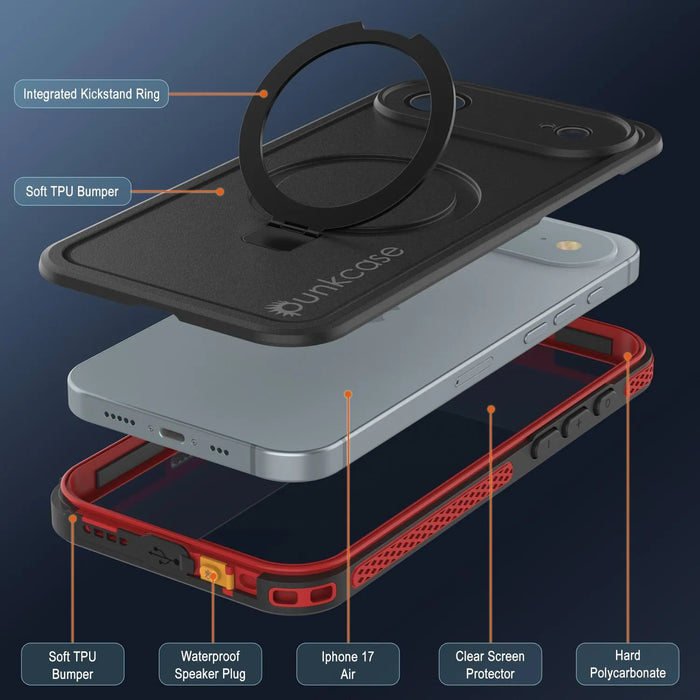 Wasserdichte iPhone 17 Air-Hülle [Kickstud 2.0-Serie] IP68-Schutzhülle mit Displayschutzfolie und Ständer [Rot]