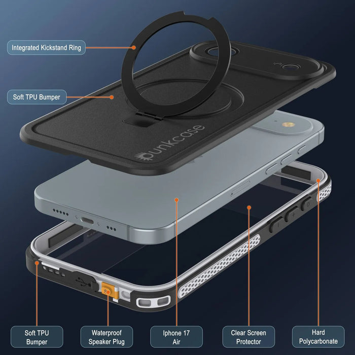Wasserdichte iPhone 17 Air-Hülle [Kickstud 2.0-Serie] IP68-Schutzhülle mit Displayschutzfolie und Ständer [Weiß]