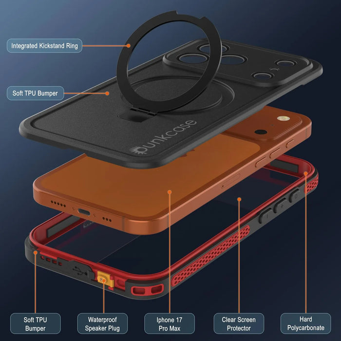 Wasserdichte iPhone 17 Pro Max-Hülle [Kickstud 2.0-Serie] IP68-Schutzhülle mit Displayschutzfolie und Ständer [Rot]
