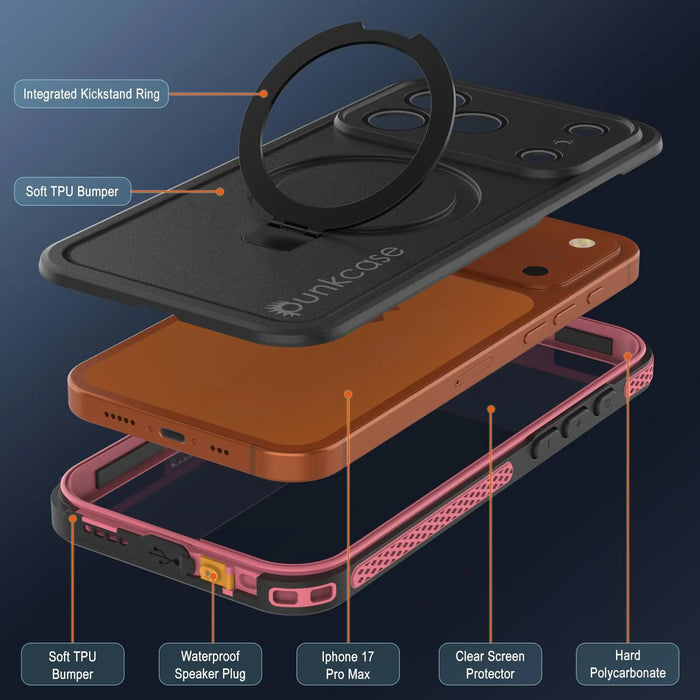 Wasserdichte iPhone 17 Pro Max-Hülle [Kickstud 2.0-Serie] IP68-Schutzhülle mit Displayschutzfolie und Ständer [Pink]