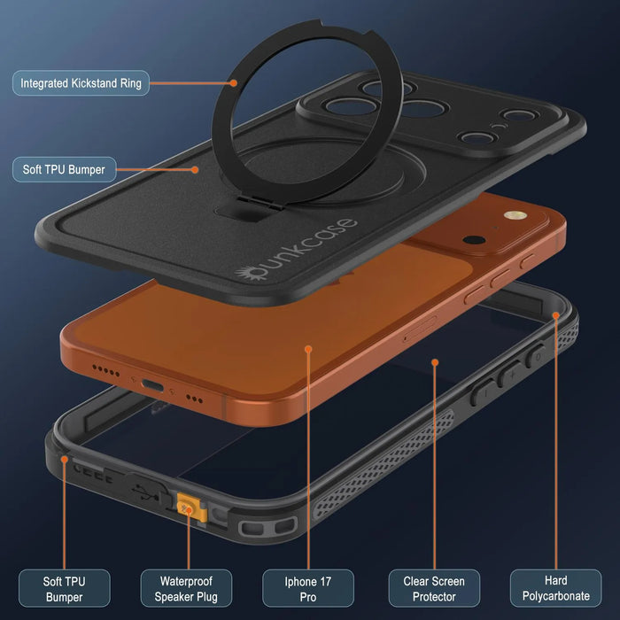 Wasserdichte iPhone 17 Pro-Hülle [Kickstud 2.0-Serie] IP68-Schutzhülle mit Displayschutzfolie und Ständer [Grau]
