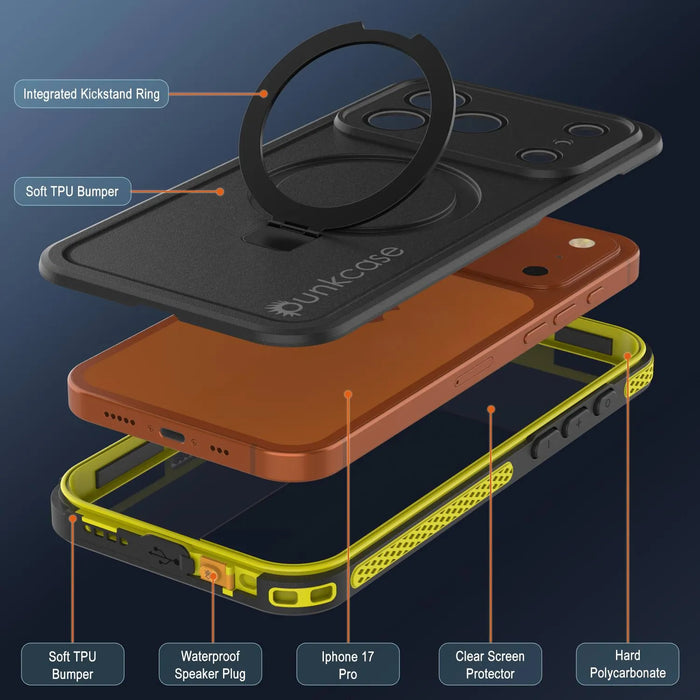 Wasserdichte iPhone 17 Pro-Hülle [Kickstud 2.0-Serie] IP68-Schutzhülle mit Displayschutzfolie und Ständer [Gelb]