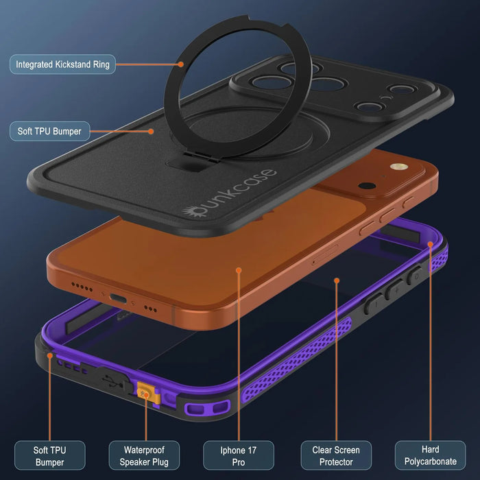 Wasserdichte iPhone 17 Pro-Hülle [Kickstud 2.0-Serie] IP68-Schutzhülle mit Displayschutzfolie und Ständer [Lila]