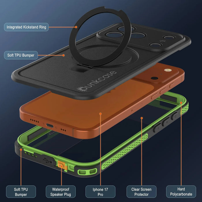 Wasserdichte iPhone 17 Pro-Hülle [Kickstud 2.0-Serie] IP68-Schutzhülle mit Displayschutzfolie und Ständer [Grün]