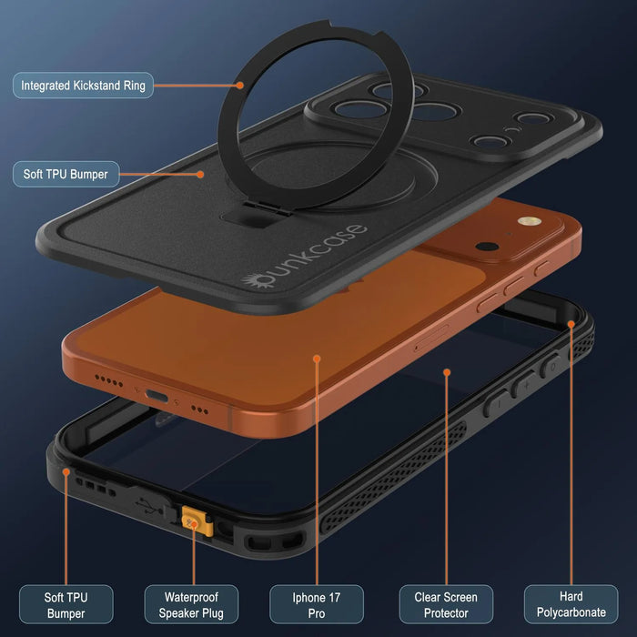 Wasserdichte iPhone 17 Pro-Hülle [Kickstud 2.0-Serie] IP68-Schutzhülle mit Displayschutzfolie und Ständer [Schwarz]