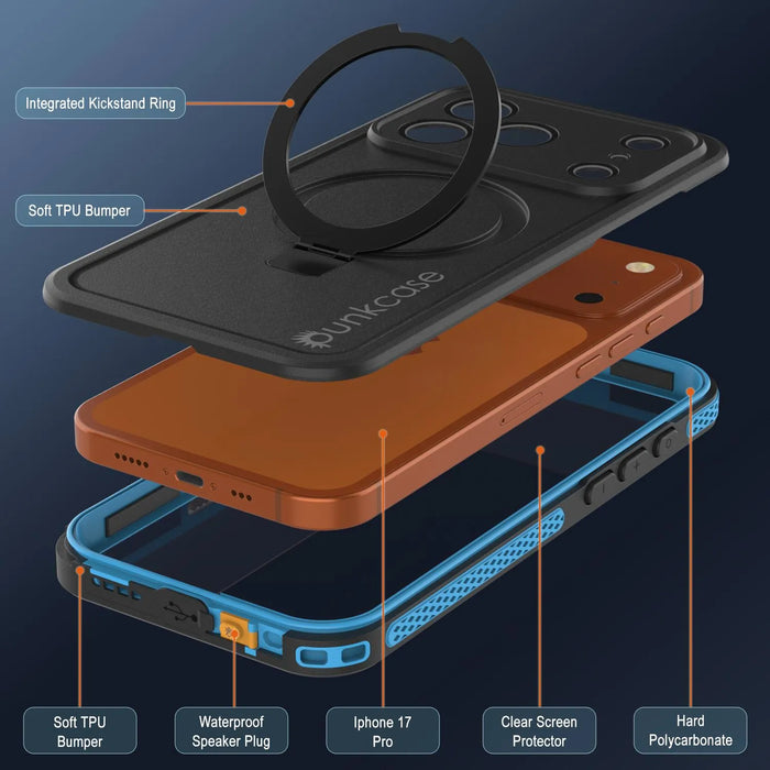 Wasserdichte iPhone 17 Pro-Hülle [Kickstud 2.0-Serie] IP68-Schutzhülle mit Displayschutzfolie und Ständer [Blau]