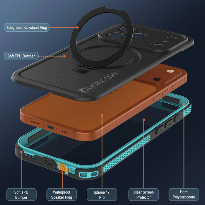 Wasserdichte iPhone 17 Pro-Hülle [Kickstud 2.0-Serie] IP68-Schutzhülle mit Displayschutzfolie und Ständer [Blaugrün]