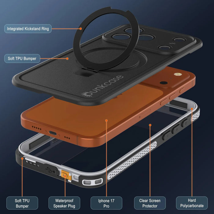 Wasserdichte iPhone 17 Pro-Hülle [Kickstud 2.0-Serie] IP68-Schutzhülle mit Displayschutzfolie und Ständer [Weiß]