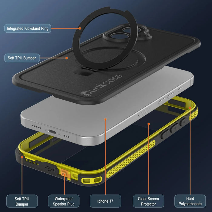 Wasserdichte iPhone 17-Hülle [Kickstud 2.0-Serie] IP68-Schutzhülle mit Displayschutzfolie und Ständer [Gelb]