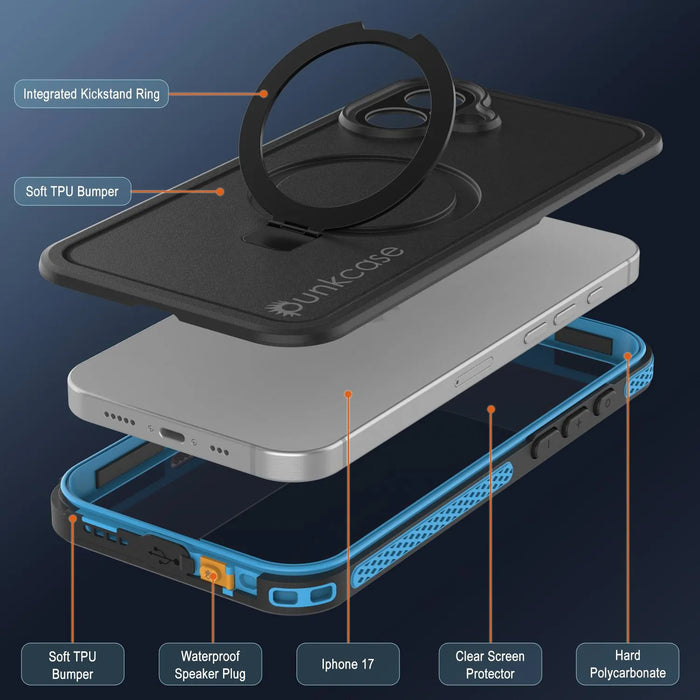 Wasserdichte iPhone 17-Hülle [Kickstud 2.0-Serie] IP68-Schutzhülle mit Displayschutzfolie und Ständer [Blau]