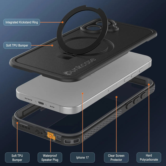 Wasserdichte iPhone 17-Hülle [Kickstud 2.0-Serie] IP68-Schutzhülle mit Displayschutzfolie und Ständer [Grau]