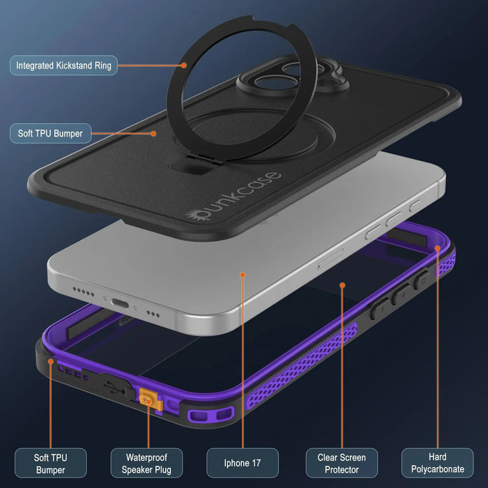 Wasserdichte iPhone 17-Hülle [Kickstud 2.0-Serie] IP68-Schutzhülle mit Displayschutzfolie und Ständer [Lila]