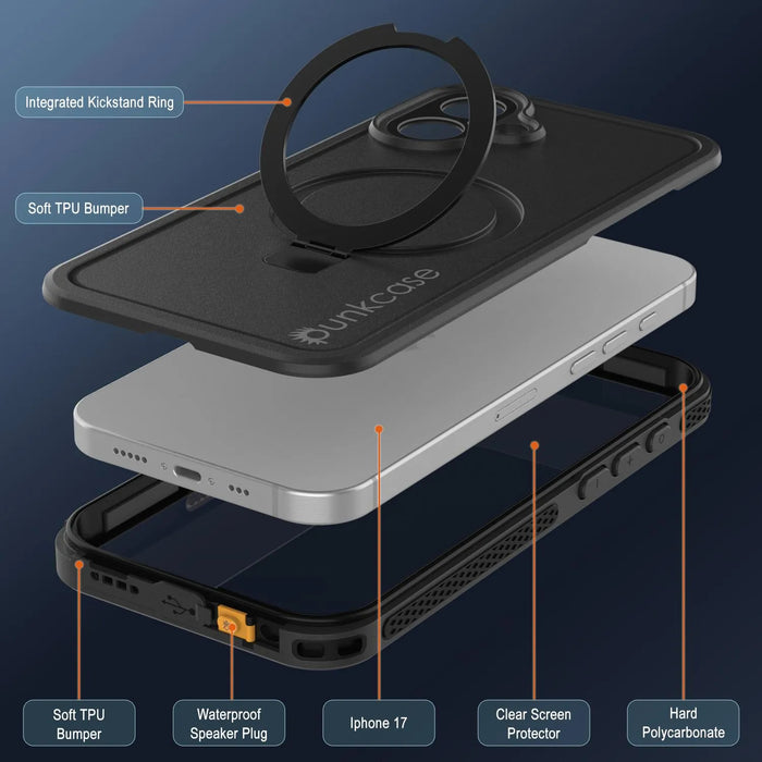 Wasserdichte iPhone 17-Hülle [Kickstud 2.0-Serie] IP68-Schutzhülle mit Displayschutzfolie und Ständer [Schwarz]