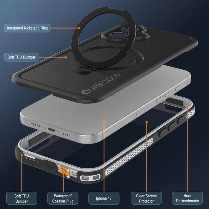 Wasserdichte iPhone 17-Hülle [Kickstud 2.0-Serie] IP68-Schutzhülle mit Displayschutzfolie und Ständer [Weiß]