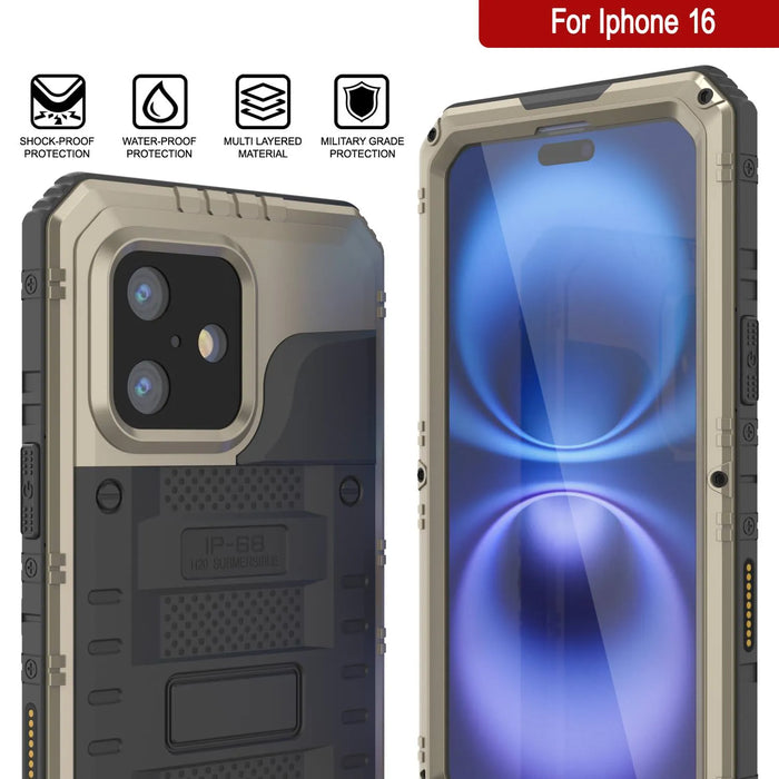 iPhone 16 Metal Extreme 3.0 -Serie Aluminium Wateref of Case IP68 W/Buillt im Bildschirmschutz und Kickstand [Gold]