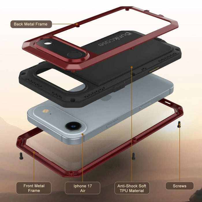 iPhone 17 Air Metal Case, Heavy Duty Military Grade -Rüstungsabdeckung [Schocksicher] Ganzkörper hart [rot]