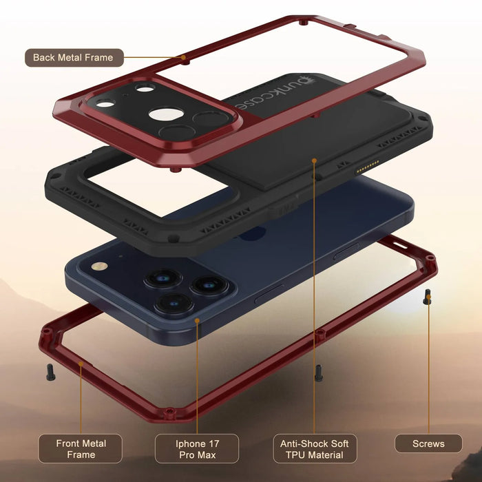 iPhone 17 Pro Max Metal Case, Heavy Duty Military Grade -Rüstungsabdeckung [Schocksicher] Ganzer Körper hart [rot]