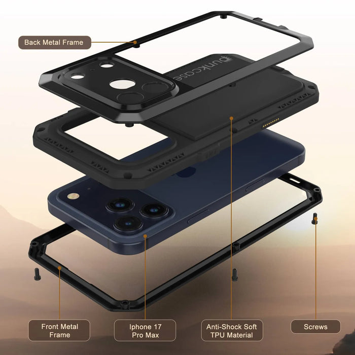 iPhone 17 Pro Max Metal Case, Heavy Duty Military Grade -Rüstungsabdeckung [Stoßdämpfer] Ganzkörper hart [schwarz]