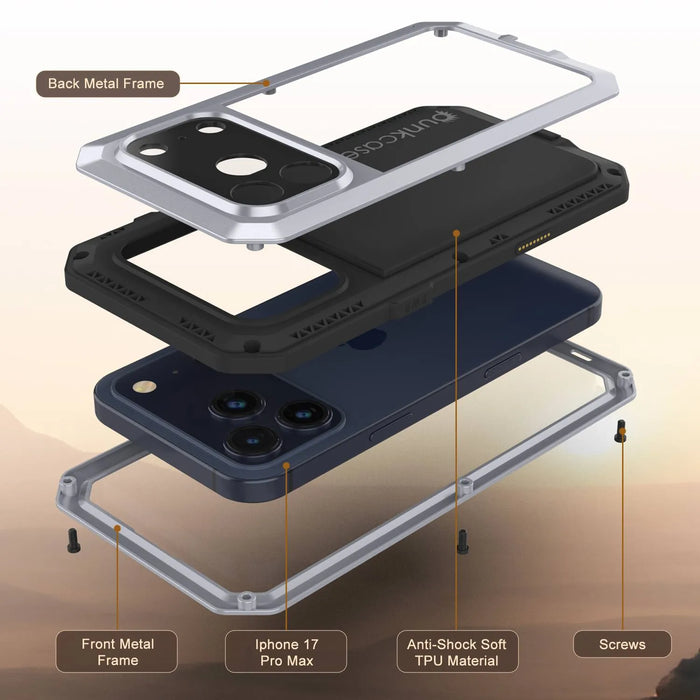 iPhone 17 Pro Max Metal Case, Heavy Duty Military Grade -Rüstungsabdeckung [Stoßdämpfer] Ganzkörper hart [Weiß]