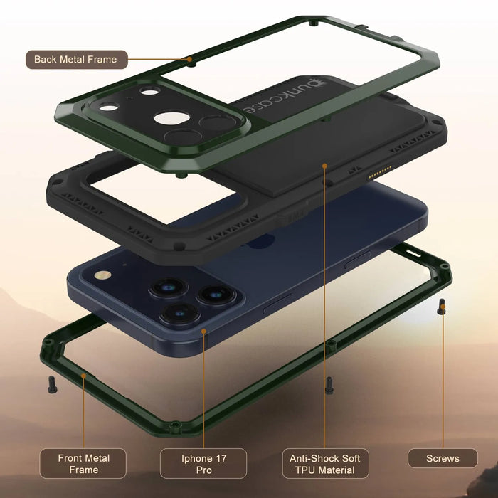 iPhone 17 Pro Metal Case, Heavy Duty Military Grade -Rüstungsabdeckung [Schocksicher] Ganzkörper hart [dunkelgrün]