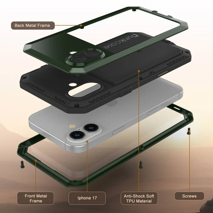 iPhone 17 Metallhülle, Heavy Duty Military Grade Rüstungsabdeckung [Schocksicher] Ganzkörper hart [dunkelgrün]