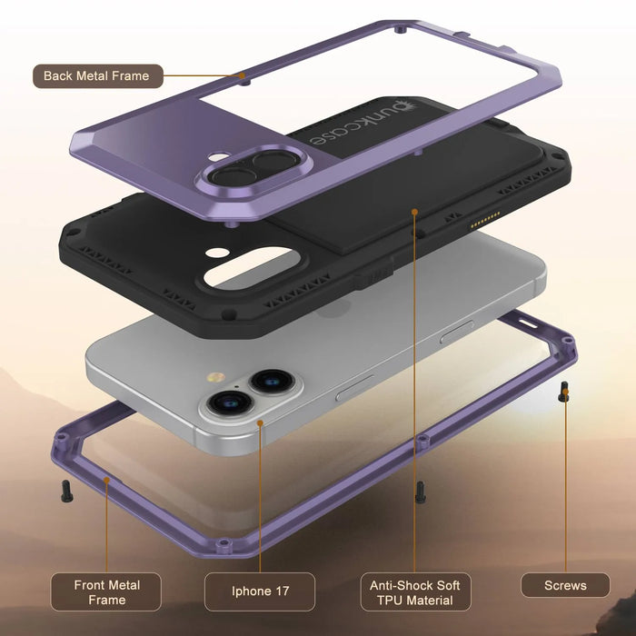 iPhone 17 Metallkoffer, Heavy Duty Military Grade Rüstungsabdeckung [Schocksicher] Ganzkörper hart [lila]