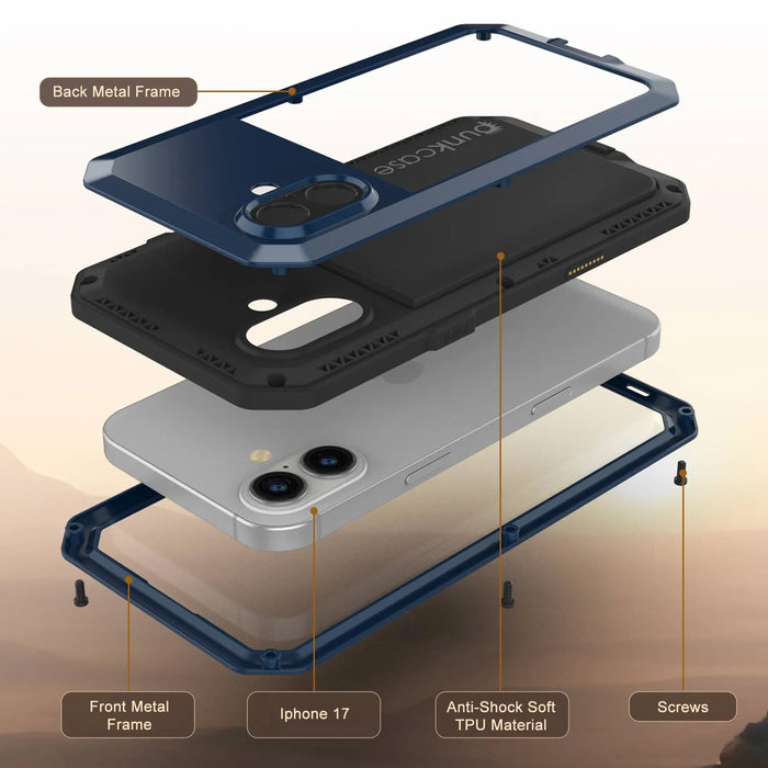 iPhone 17 Metallhülle, Heavy Duty Military Grade Rüstungsabdeckung [Schocksicher] Ganzkörper hart [blau]