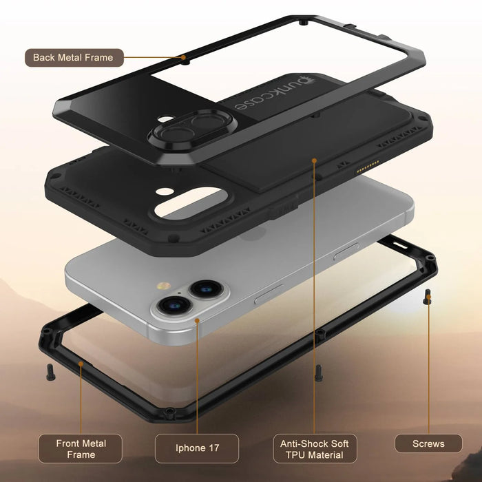 iPhone 17 Metallkoffer, Heavy Duty Military Grade Rüstungsabdeckung [Schocksicher] Ganzkörper hart [Schwarz]