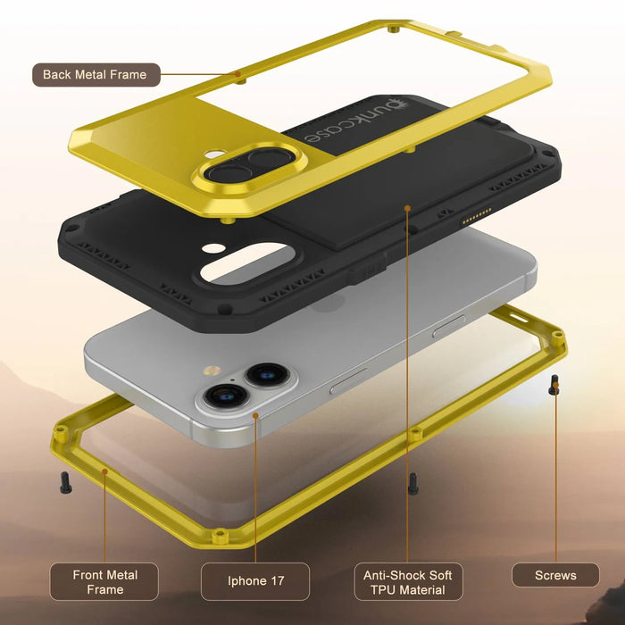 iPhone 17 Metallkoffer, Heavy Duty Military Grade Rüstungsabdeckung [Schocksicher] Ganzkörper hart [Gelb]