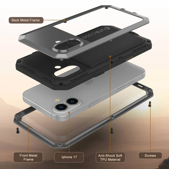 iPhone 17 Metallhülle, Heavy Duty Military Grade Rüstungsabdeckung [Schocksicher] Ganzkörper hart [Silber]