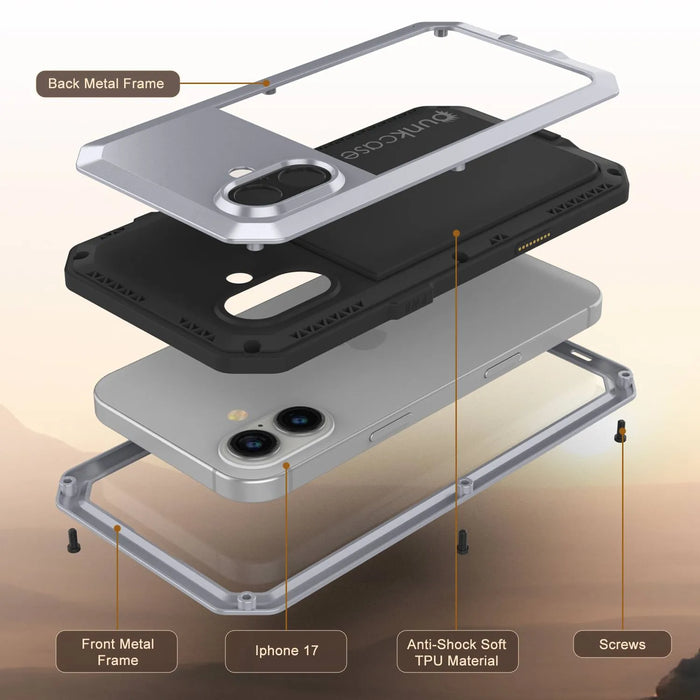 iPhone 17 Metallkoffer, Heavy Duty Military Grade Rüstungsabdeckung [Schocksicher] Ganzkörper hart [weiß]