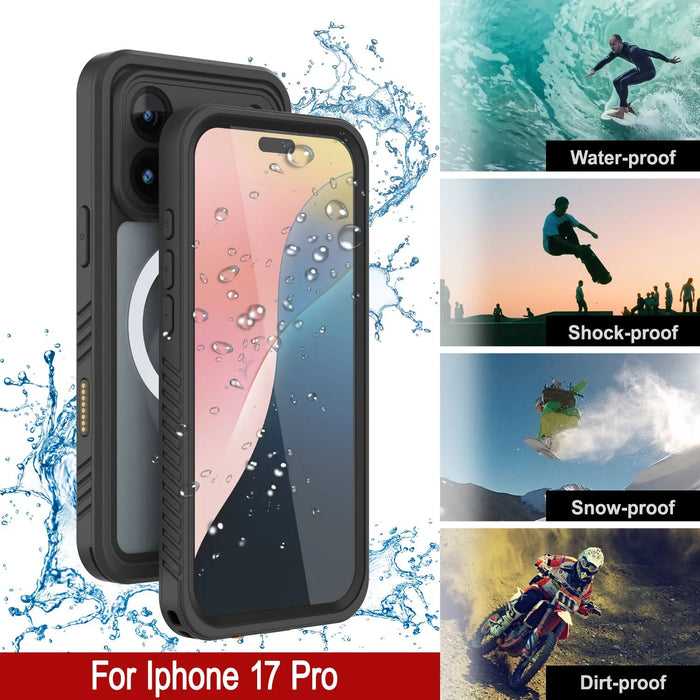 iPhone 17 Pro Water of Case, PunkCase [Extrem Mag -Serie] Rüstungsabdeckung mit integriertem Bildschirmschutz [Schwarz]