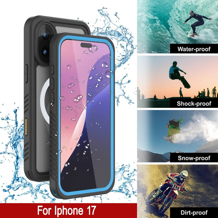 iPhone 17 wasserdichte Hülle, PunkCase [Extrem Mag -Serie] Rüstungsabdeckung mit integriertem Bildschirmschutz [Blau]