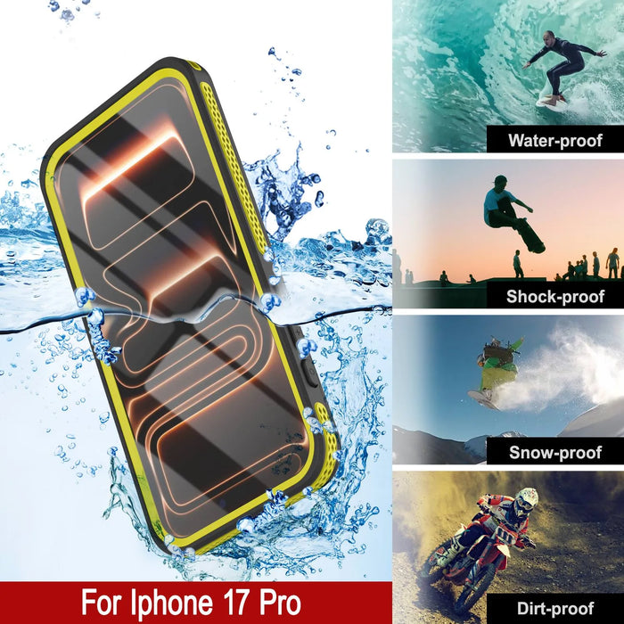 Wasserdichte iPhone 17 Pro-Hülle [Kickstud 2.0-Serie] IP68-Schutzhülle mit Displayschutzfolie und Ständer [Gelb]