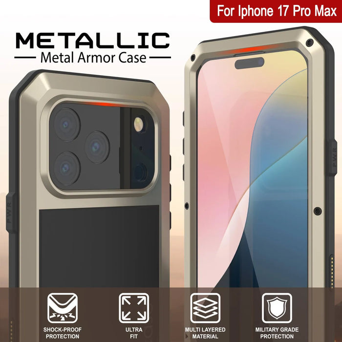 iPhone 17 Pro Max Metal Case, Heavy Duty Military Grade -Rüstungsabdeckung [Stoßdämpfer] Ganzkörper hart [Gold]