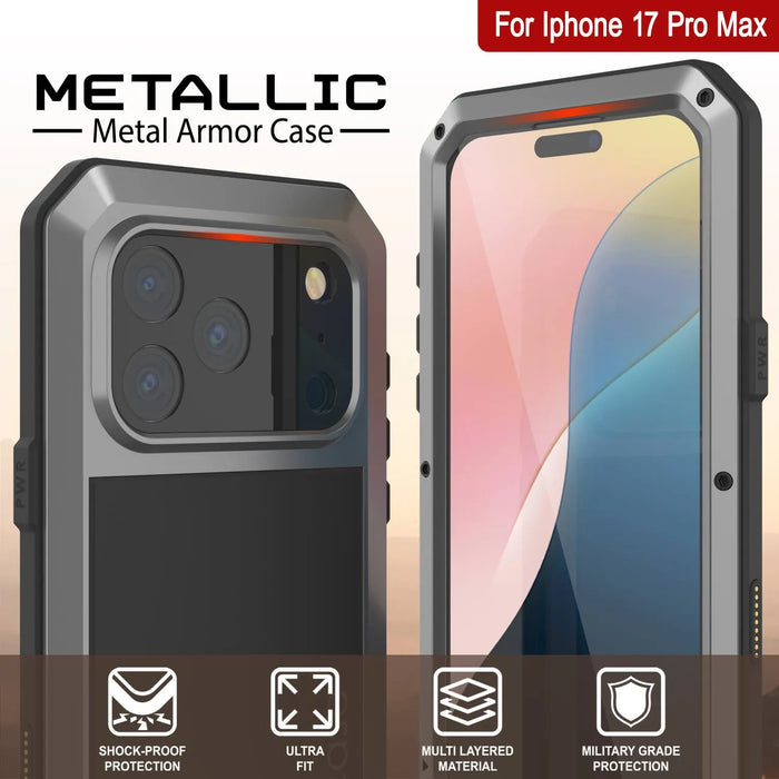 iPhone 17 Pro Max Metal Case, Heavy Duty Military Grade -Rüstungsabdeckung [Schocksicher] Ganzkörper hart [Silber]