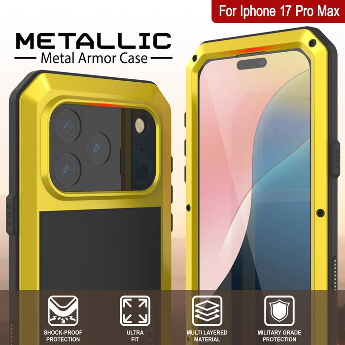 iPhone 17 Pro Max Metal Case, Heavy Duty Military Grade -Rüstungsabdeckung [Stoßdämpfer] Ganzkörper hart [Gelb]