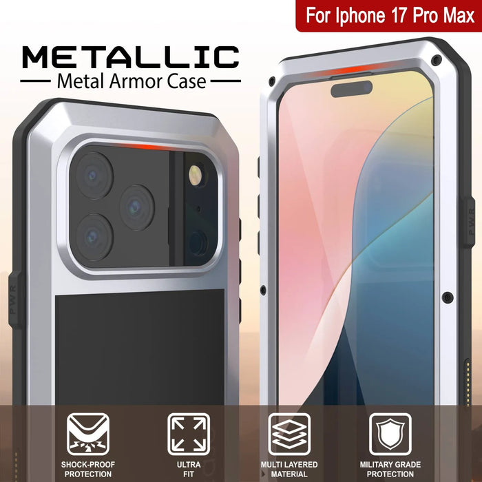 iPhone 17 Pro Max Metal Case, Heavy Duty Military Grade -Rüstungsabdeckung [Stoßdämpfer] Ganzkörper hart [Weiß]