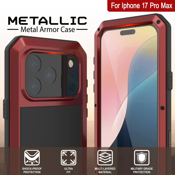 iPhone 17 Pro Max Metal Case, Heavy Duty Military Grade -Rüstungsabdeckung [Schocksicher] Ganzer Körper hart [rot]