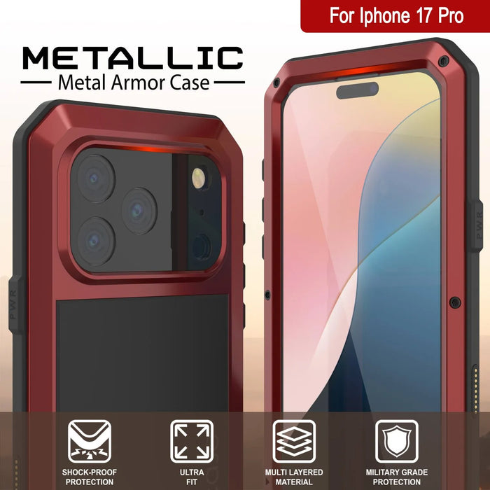 iPhone 17 Pro Metal Case, Heavy Duty Military Grade -Rüstungsabdeckung [Schocksicher] Ganzkörper hart [rot]