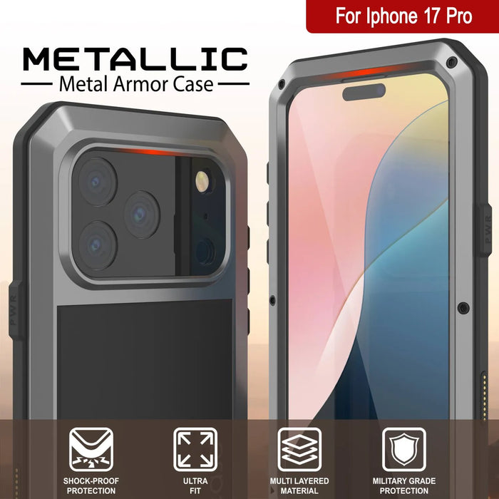 iPhone 17 Pro Metal Case, Heavy Duty Military Grade Rüstungsabdeckung [Schocksicher] Ganzkörper hart [Silber]